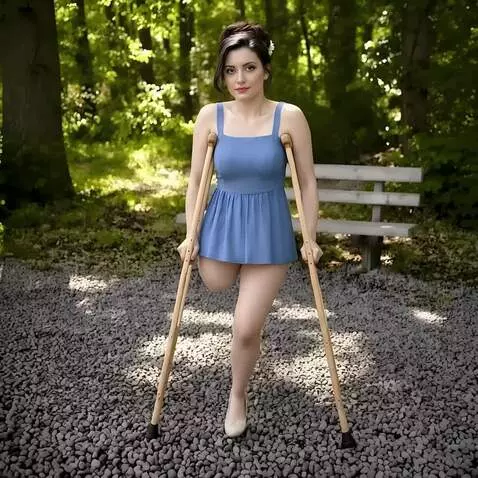 AI Video from prompt: A one-legged woman moves forward on crutches and