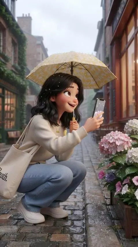 AI Video from prompt: She notices tiny raindrops sparkling on a flower