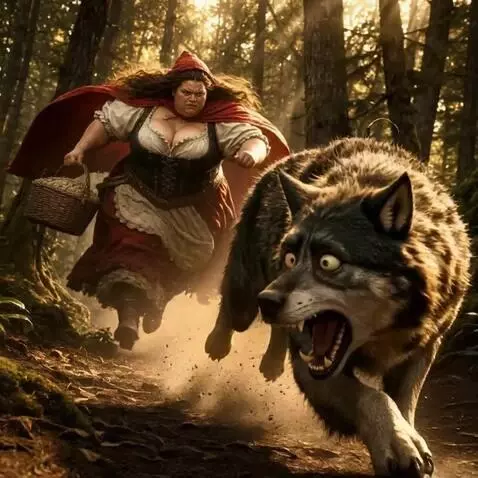 AI Video from prompt: The formidable Little Red Riding Hood is chasing