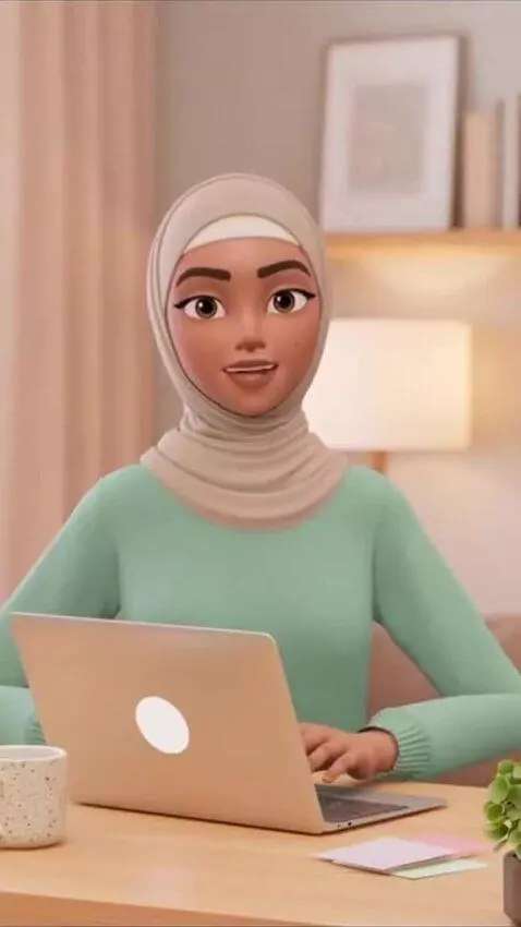 AI Video from prompt: Create a cute 3D animated hijabi girl sitting at