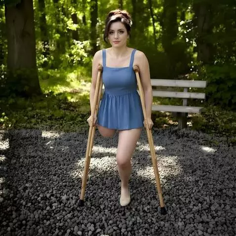 AI Video from prompt: A one-legged woman walks on crutches and her sin