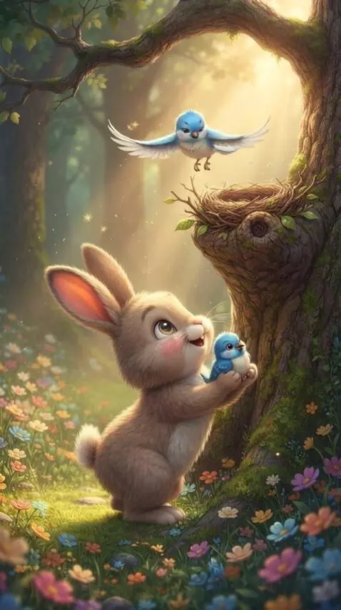 AI Video from prompt: A cute little rabbit is walking through a colorf