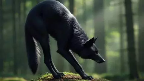 AI Video from prompt: Side view of a elegant black wolf arching his ba