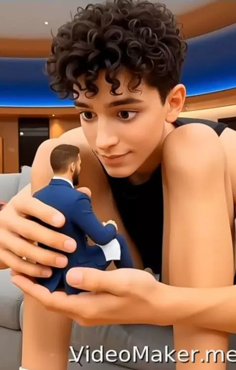 AI Video from prompt: the tall boy grabs the little man in his hand, p