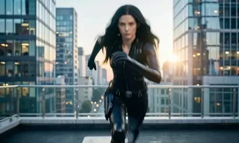 AI Video from prompt: Black Widow jumps to wall, pushes off, performs 