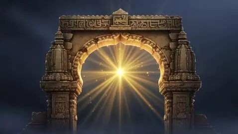 AI Video from prompt: An ornate ancient Sanskrit-inspired temple archw