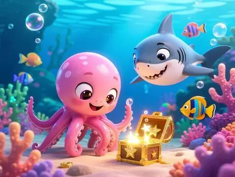 AI Video from prompt: Scene 3 — The Cute Octopus 🐙💖 Baby Shark quickly