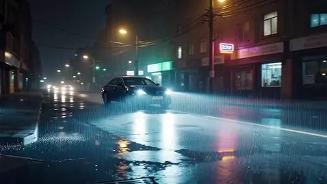 AI Video from prompt: Nighttime city street after heavy rain, an unide
