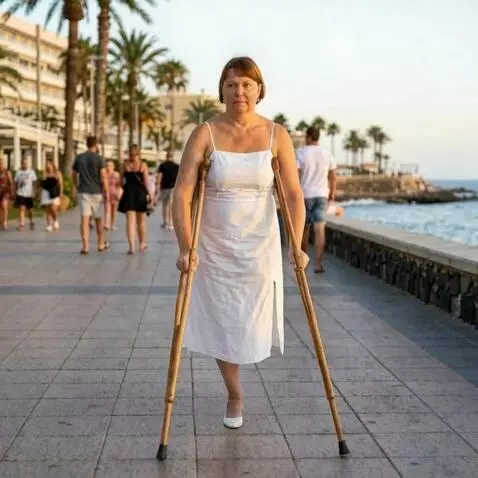 AI Video from prompt: A woman with the left leg amputated up to the lo
