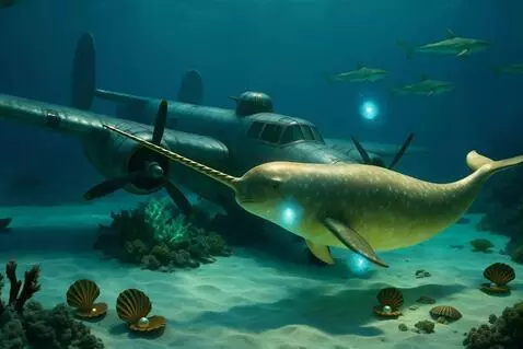 AI Video from prompt: The narwhale swims by a sunken b24 bomber. The b