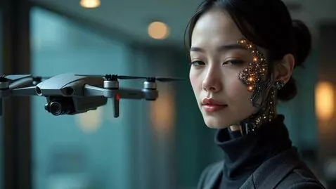 AI Video from prompt: camera floats alongside a beautiful winking AI /