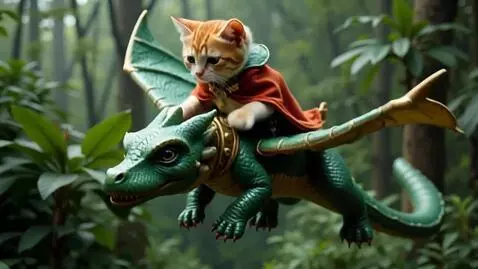 AI Video from prompt: A tiny cat in fancy clothes, riding a  dragon ov