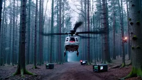 AI Video from prompt: a helicopter flying over a clearing of The surro