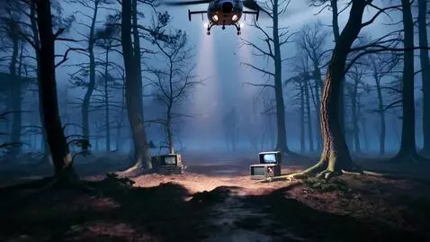 AI Video from prompt: a nighttime shot featuring a helicopter flying h