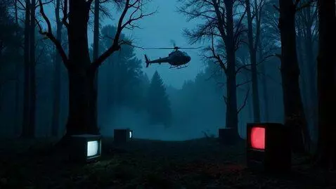 AI Video from prompt: a nighttime shot featuring a helicopter flying h