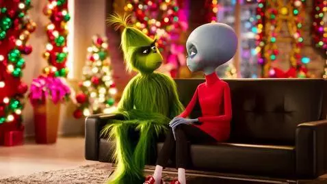 AI Video from prompt: The Grinch and an alien sitting on a black leath
