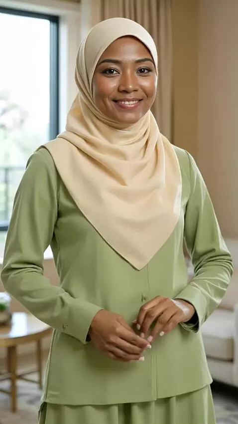 AI Video from prompt: A graceful woman in a soft beige hijab and flowi