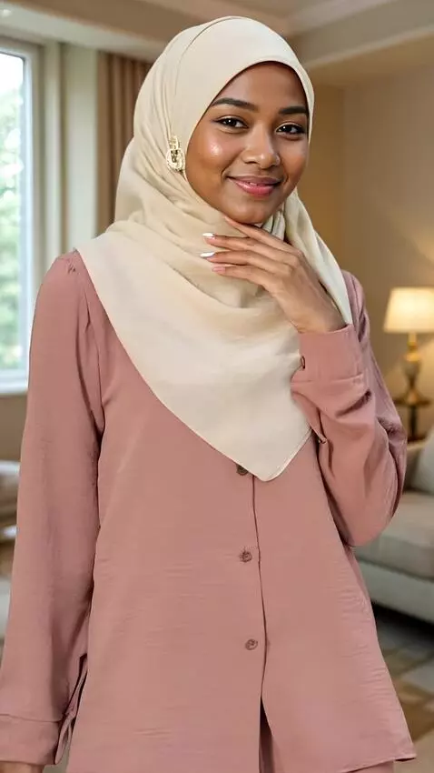 AI Video from prompt: A poised woman in a soft beige hijab with a gold