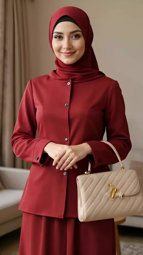 AI Video from prompt: A poised woman in a deep crimson hijab and match