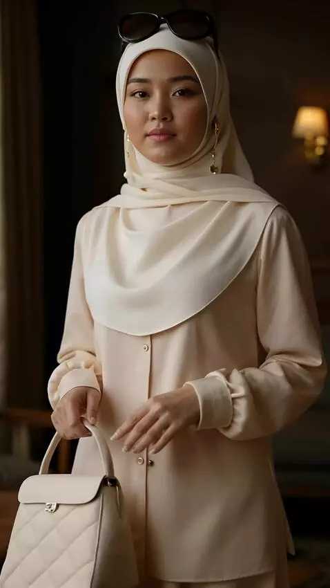 AI Video from prompt: A stylish woman in a soft cream hijab and matchi