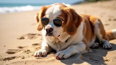 AI Video from prompt: A dog is chilling on the beach , he has a pair o