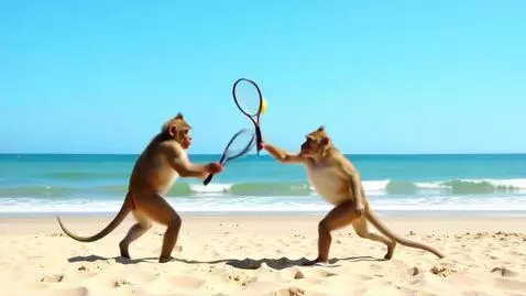 AI Video from prompt: Two monkeys playing tennis on a beach