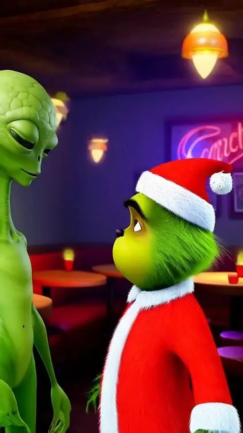 AI Video from prompt: The full-length Martian meets the Grinch, and th