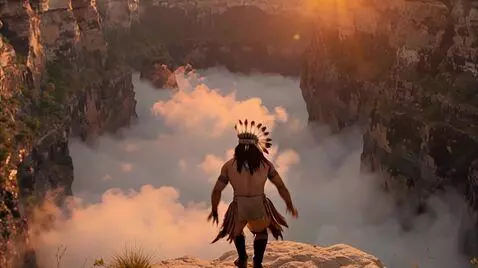 AI Video from prompt: Native American man jumping from cliff, slow-mot