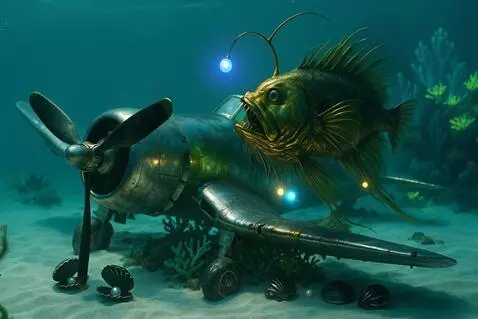 AI Video from prompt: Golden angler fish swims by corsair.  Blue and g