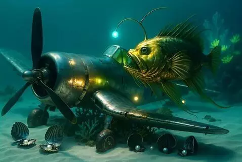 AI Video from prompt: Golden angler fish swims by corsair.  Blue and g
