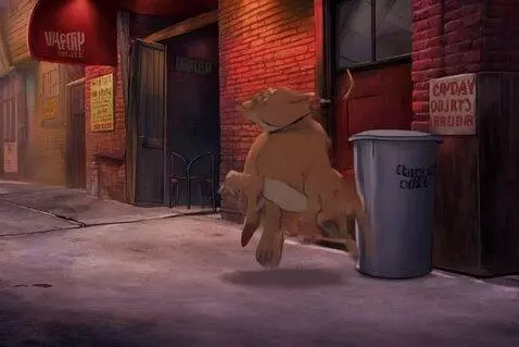 AI Video from prompt: content: Dog coming out of a trash can in an all
