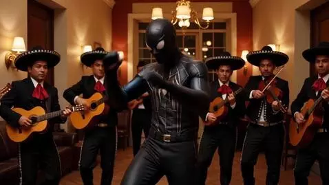 AI Video from prompt: Black suit Spiderman dancing to with a mariachi 
