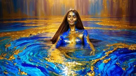 AI Video from prompt: Long-haired woman emerging from a lake of swirli