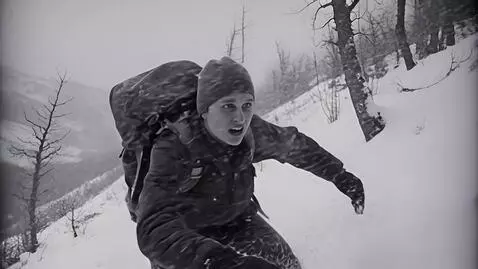 AI Video from prompt: Close-up of the face of a Soviet student-hiker t