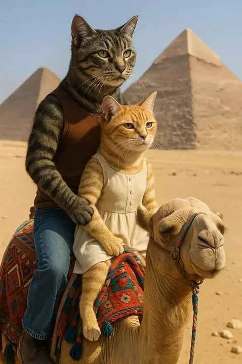 AI Video from prompt: A cat and a kitten, both dressed in casual outfi