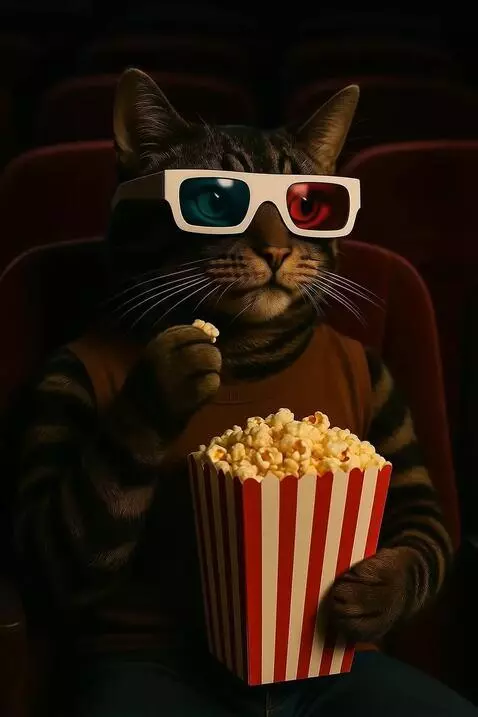 AI Video from prompt: A dimly lit movie theater, the same anthropomorp