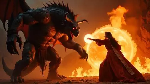 AI Video from prompt: Powerful demon attacks pretty sorceress. She thr