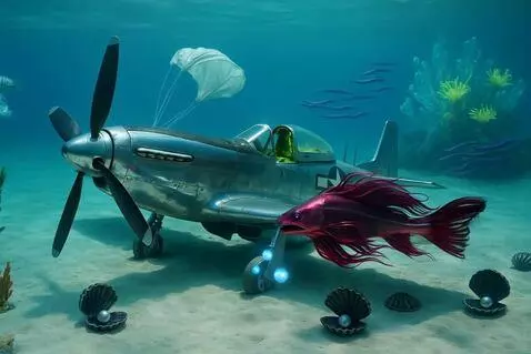 AI Video from prompt: The red shark swims along side the plane, reflec
