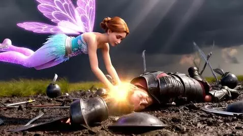 AI Video from prompt: Pretty fairy heals a wounded knight on a battlef