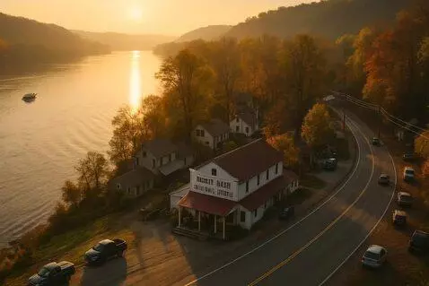AI Video from prompt: Wide, golden-hour drone sweep over the Ohio Rive