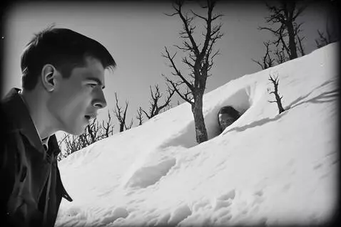 AI Video from prompt: A Soviet student hiker cautiously approaches a m