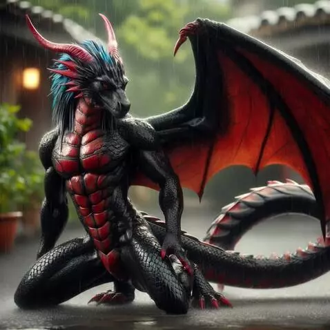 AI Video from prompt: Dragon dude on his knees rain falling stretching