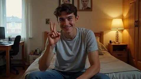 AI Video from prompt: A 18 years old boy in his room showing "like" si