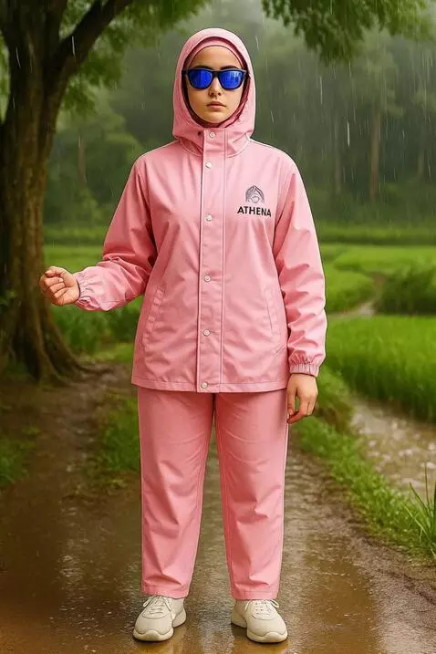 AI Video from prompt: "A woman wearing a bright pink hooded raincoat a