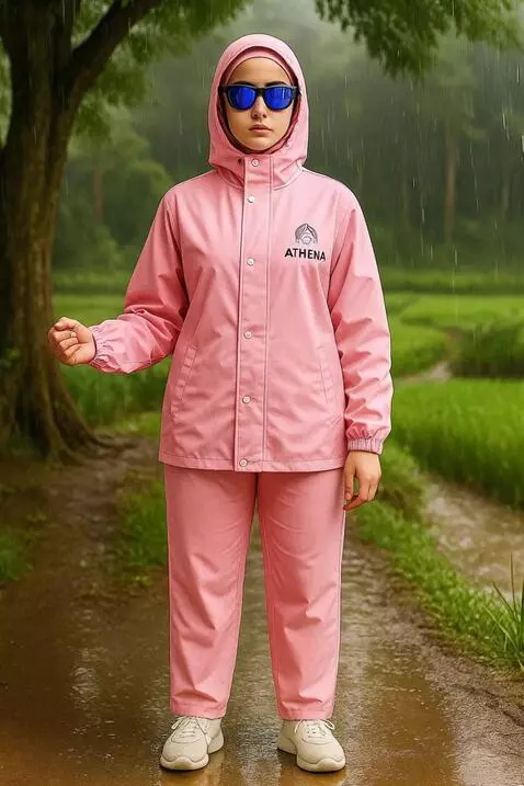 AI Video from prompt: Fashion product showcase: woman in a pink rainco