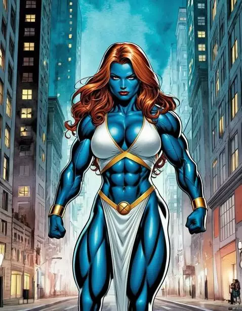AI Video from prompt: Mystique bodybuilder walking, posing muscles, re