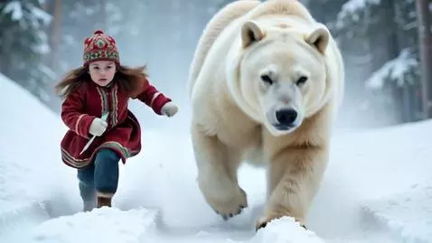 AI Video from prompt: Большой белый медведь убегает на большой скорост