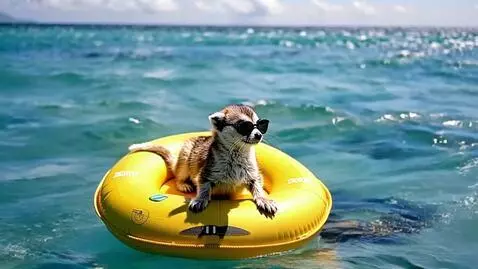 AI Video from prompt: A cheerful meerkat wearing sunglasses lounges on