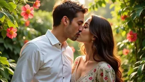 AI Video from prompt: Romantic pair kissing in the garden