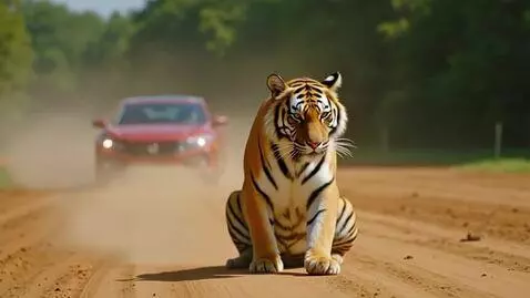 AI Video from prompt: a car race with a tiger and the tiger starts cry